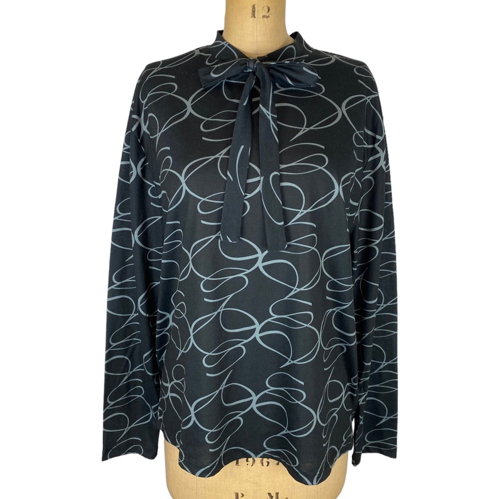 ASOS Design Black/Grey Swirly Pattern Tie Neck Long Sleeve Top Size M